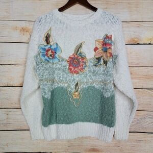 Vintage Needles & Yarn Women's Sweater Size L White‎ Green Textured Floral Beads